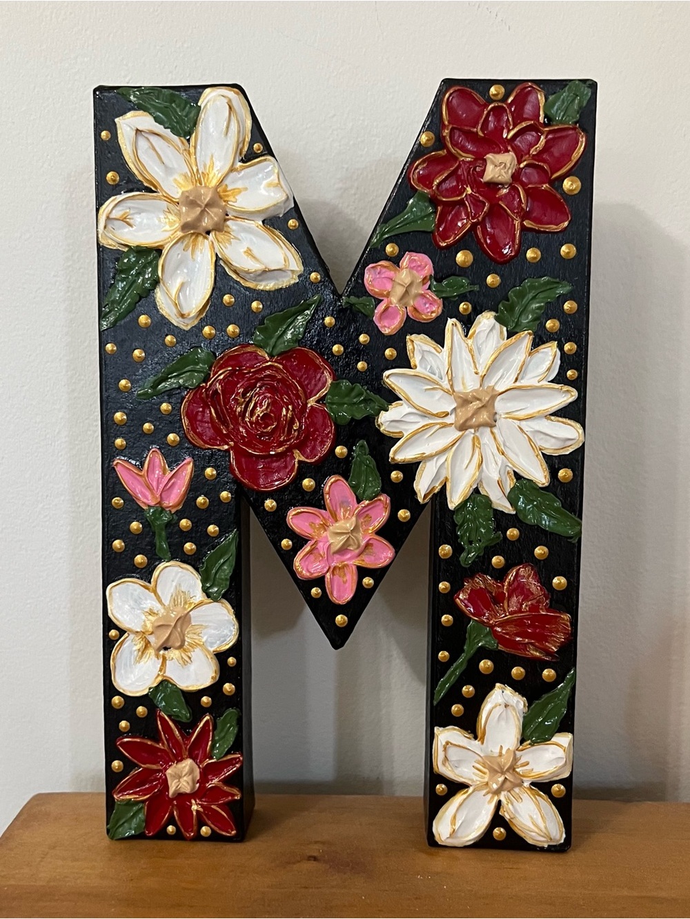 Handcrafted Floral Letter “M” Wall Décor – Textured Acrylic Mixed Media Monogram